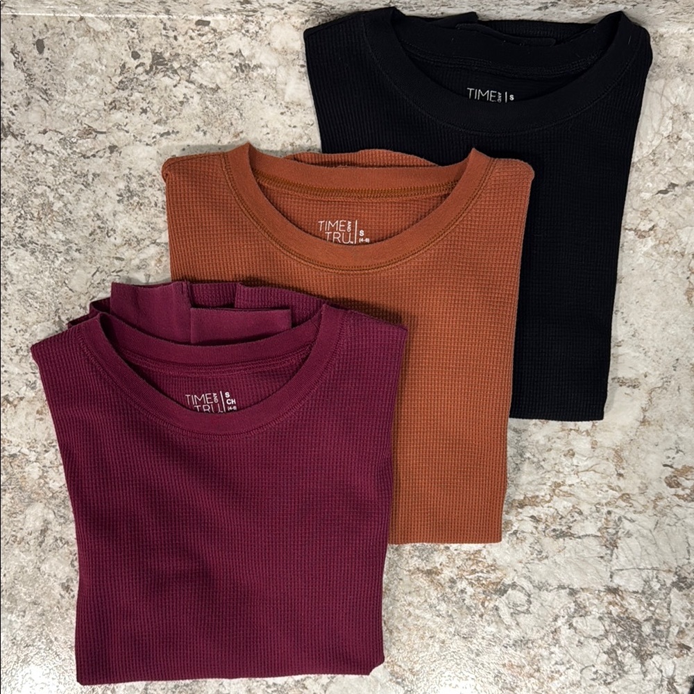 NWOT!! Time and Tru Women's Long Sleeve Tee - Burgundy, black and brown.
